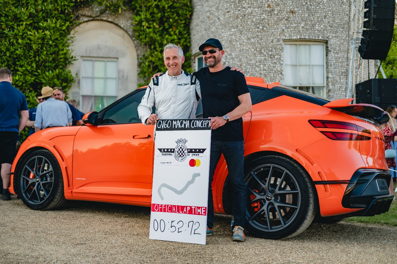 Two men standing next to a car
Description automatically generated